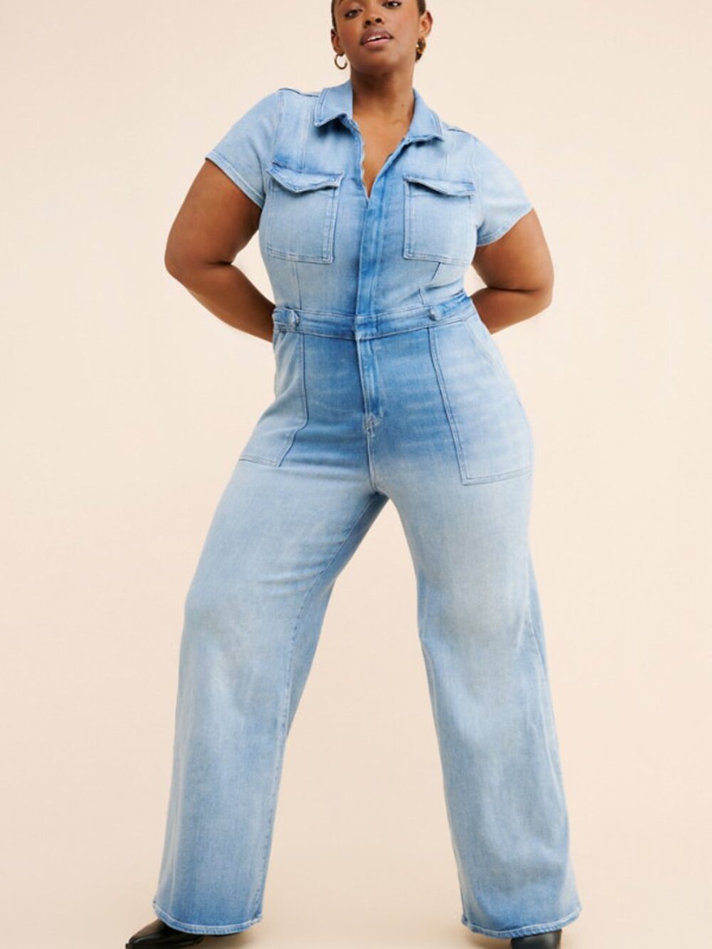 Good American Fit for Success Washed Blue Denim Wide-Leg Jumpsuit